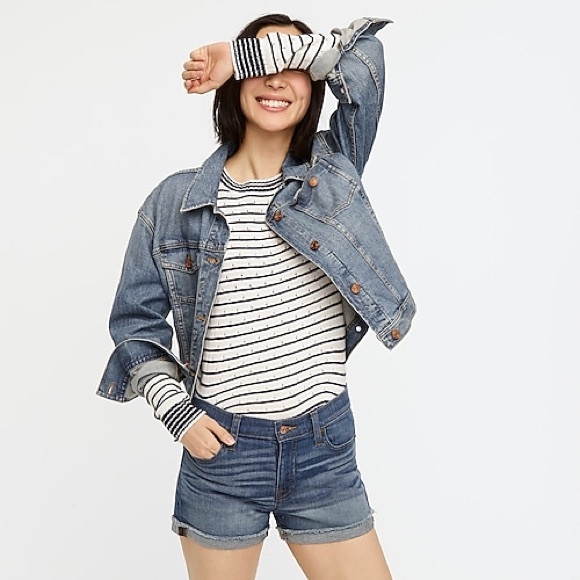 J. Crew Medium Blue Denim Wash Cuffed Jean Shorts - Picture 2 of 11